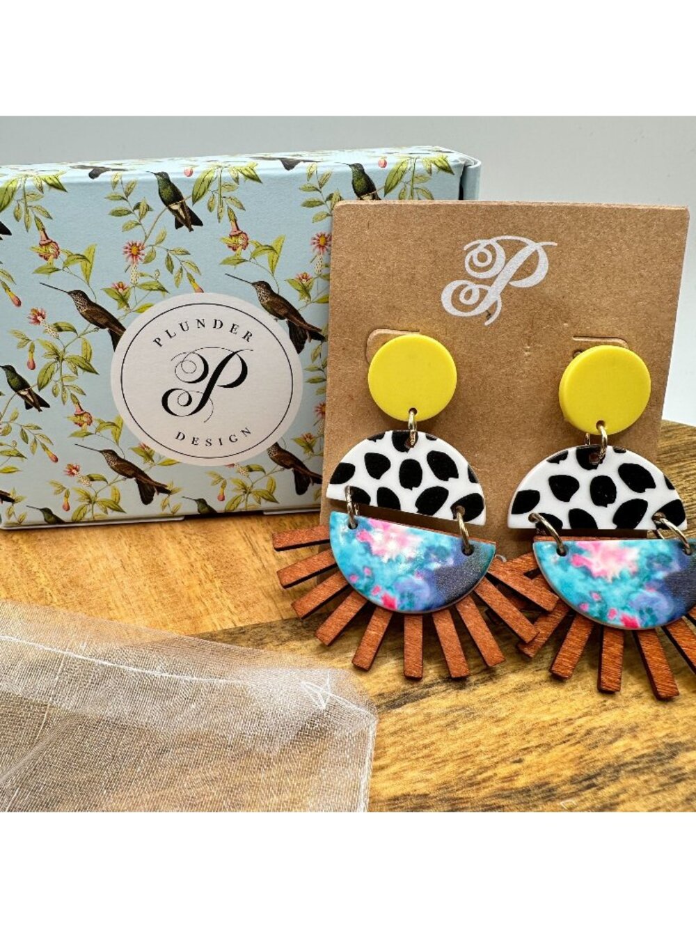 Plunder Design Rosalie Earrings - Yellow Polka Dot & Colorful Wood Fan Shapes